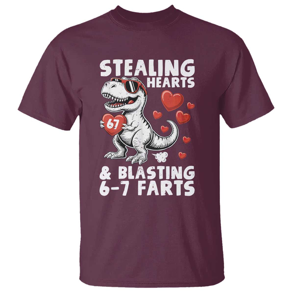 Funny 67 Meme Valentines Day Dinosaur T Shirt Stealing Hearts And Blasting 67 Farts