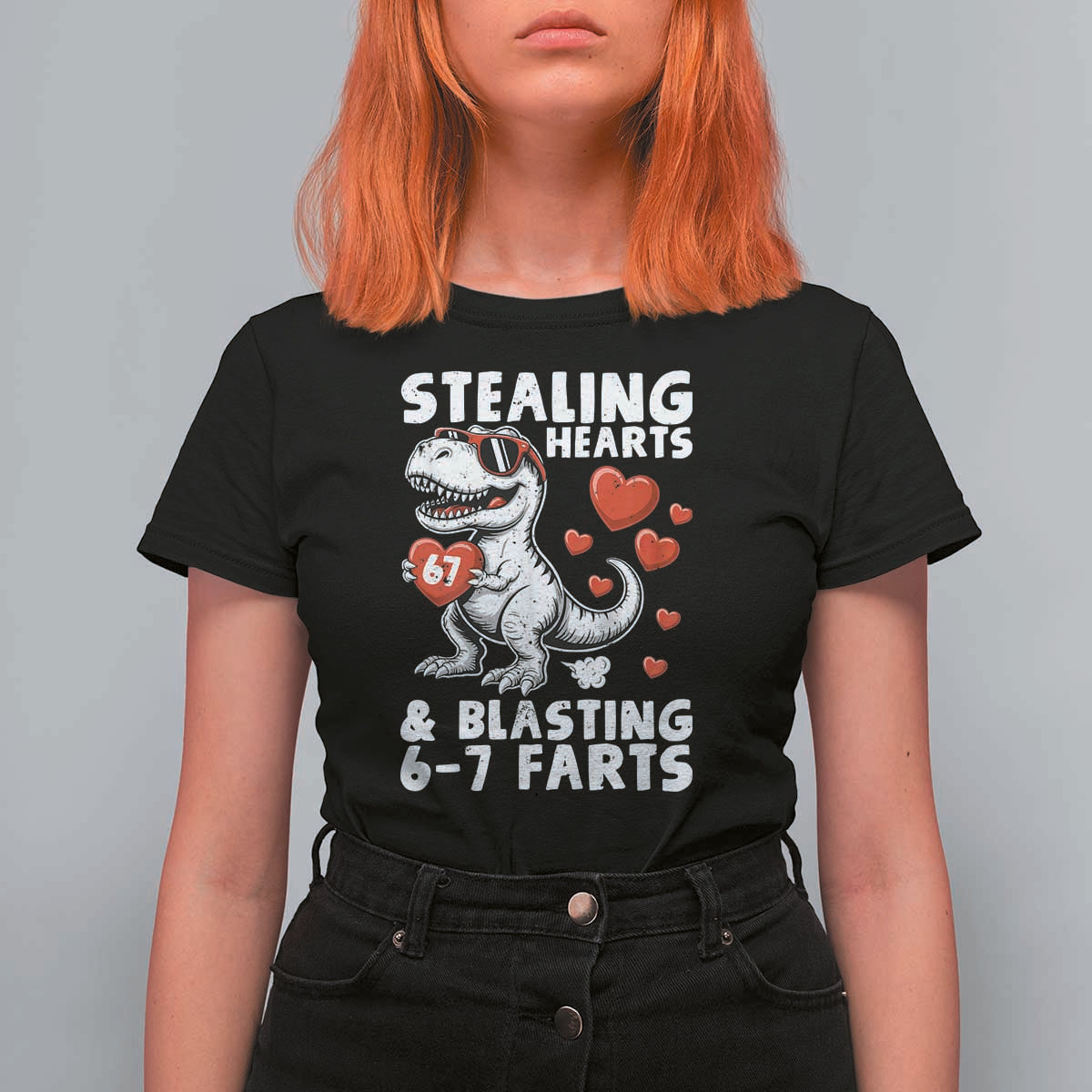 Funny 67 Meme Valentines Day Dinosaur T Shirt For Women Stealing Hearts And Blasting 67 Farts