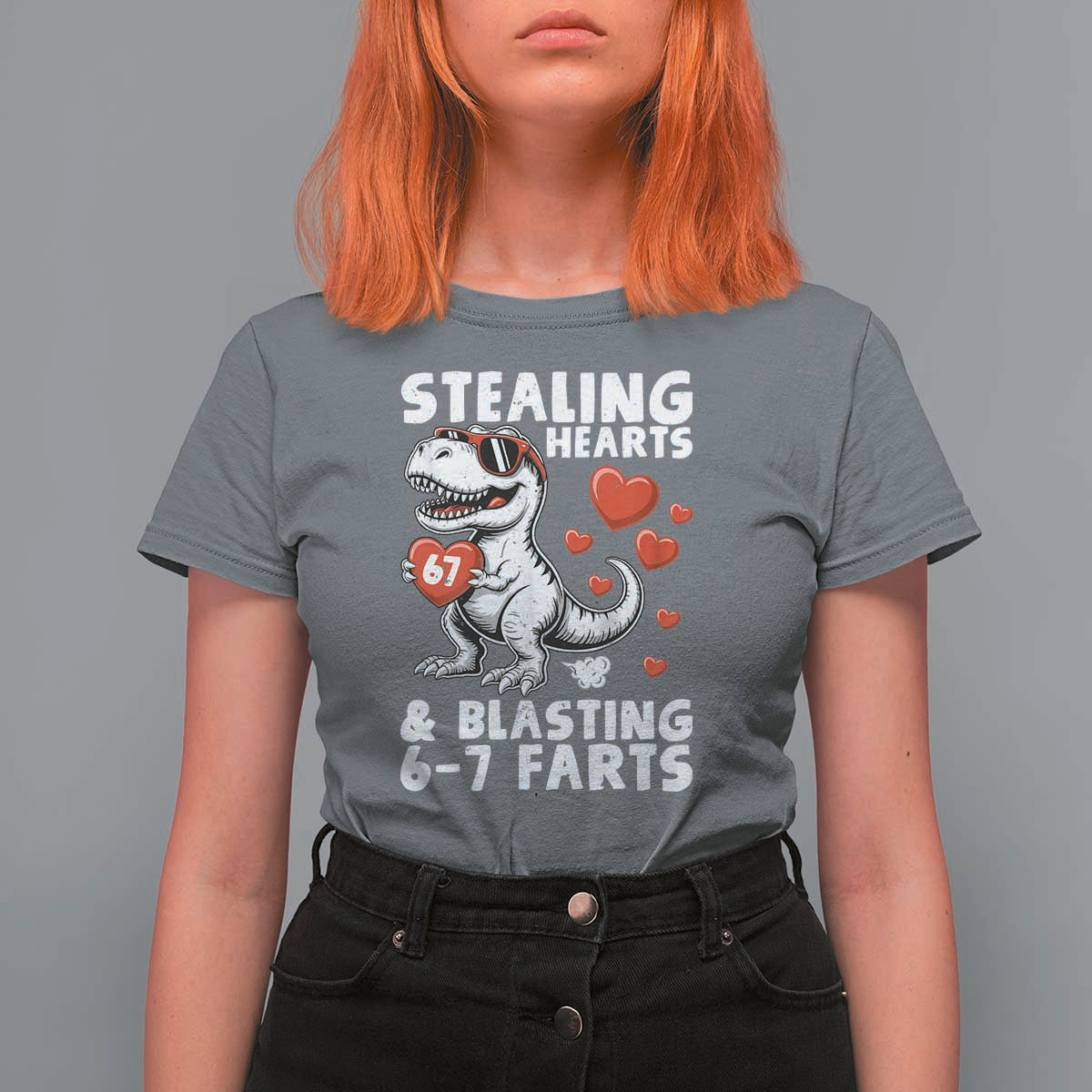 Funny 67 Meme Valentines Day Dinosaur T Shirt For Women Stealing Hearts And Blasting 67 Farts