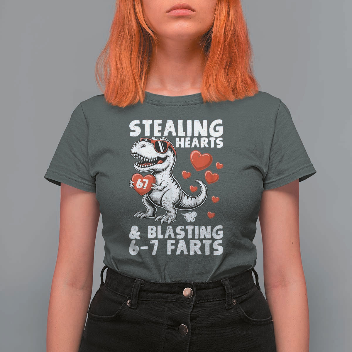 Funny 67 Meme Valentines Day Dinosaur T Shirt For Women Stealing Hearts And Blasting 67 Farts