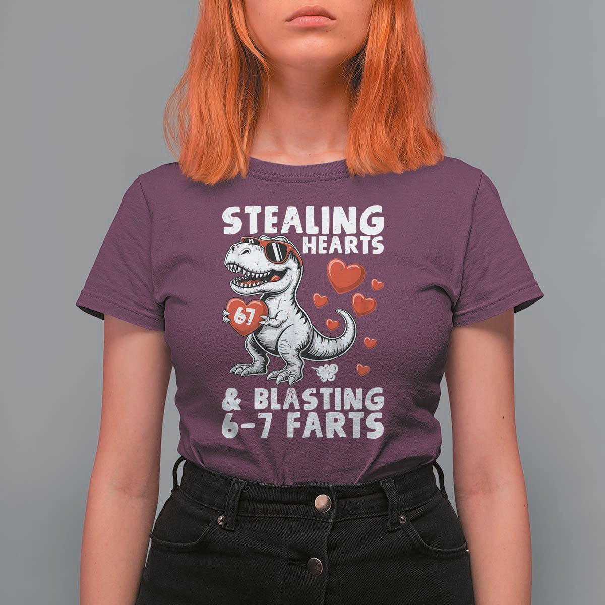 Funny 67 Meme Valentines Day Dinosaur T Shirt For Women Stealing Hearts And Blasting 67 Farts