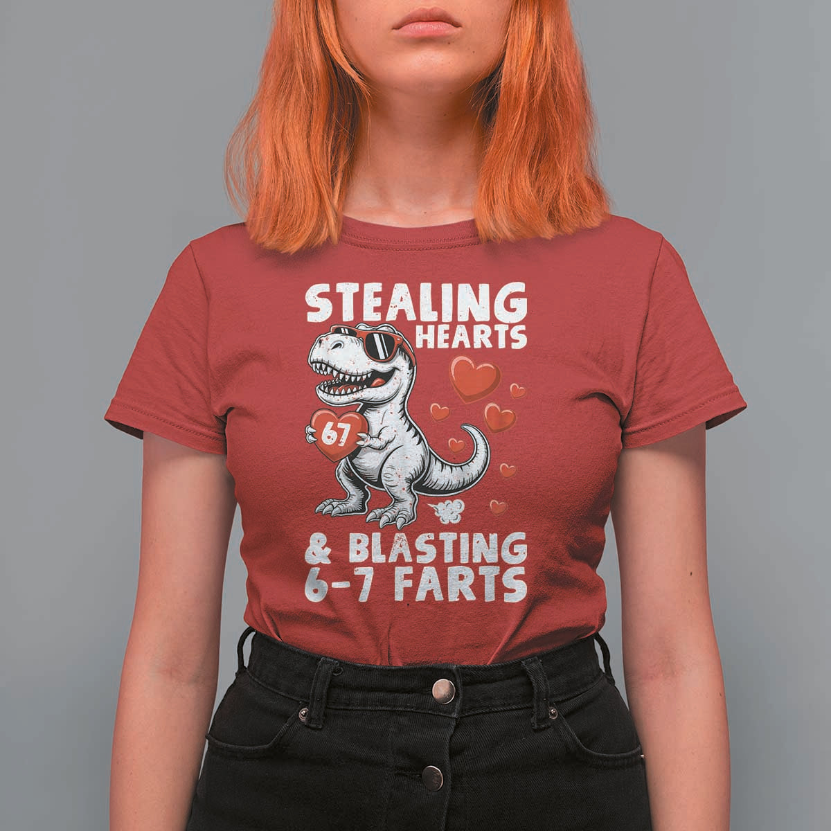 Funny 67 Meme Valentines Day Dinosaur T Shirt For Women Stealing Hearts And Blasting 67 Farts