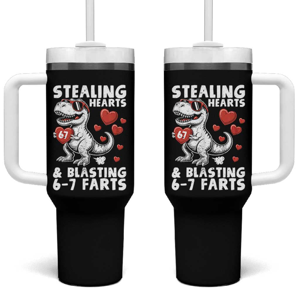 Funny 67 Meme Valentines Day Dinosaur Tumbler With Handle Stealing Hearts And Blasting 67 Farts