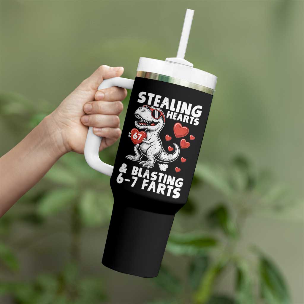 Funny 67 Meme Valentines Day Dinosaur Tumbler With Handle Stealing Hearts And Blasting 67 Farts