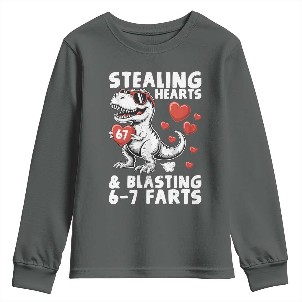 Funny 67 Meme Valentines Day Dinosaur Youth Sweatshirt Stealing Hearts And Blasting 67 Farts