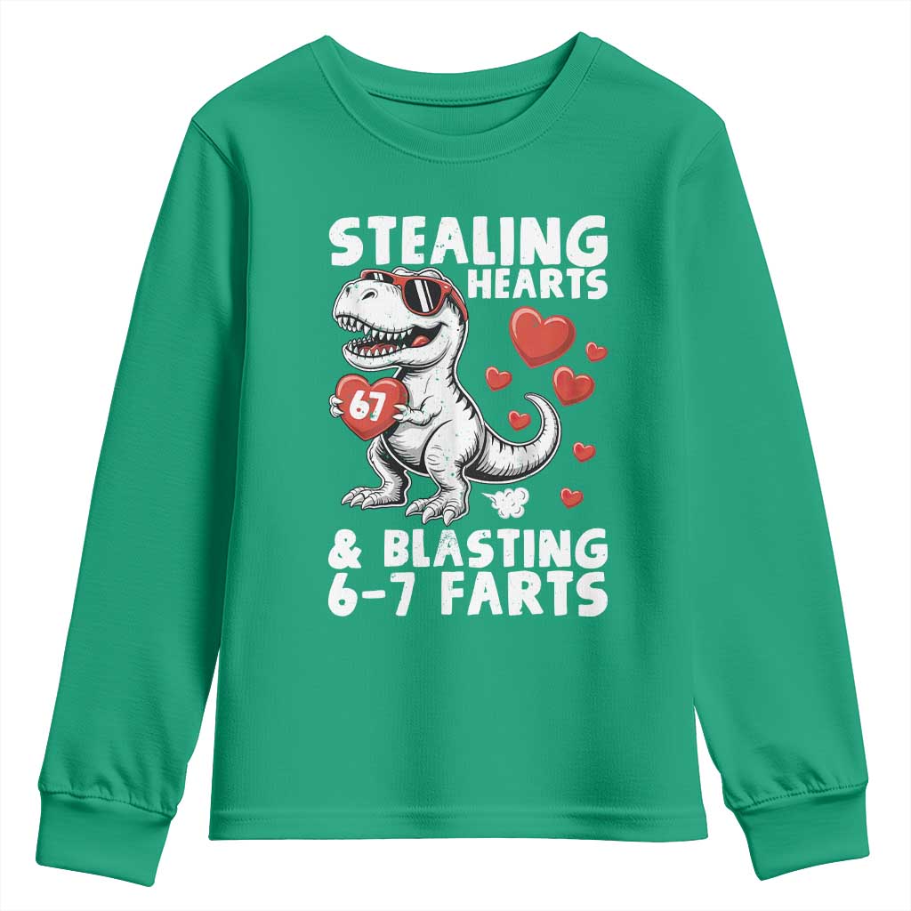 Funny 67 Meme Valentines Day Dinosaur Youth Sweatshirt Stealing Hearts And Blasting 67 Farts