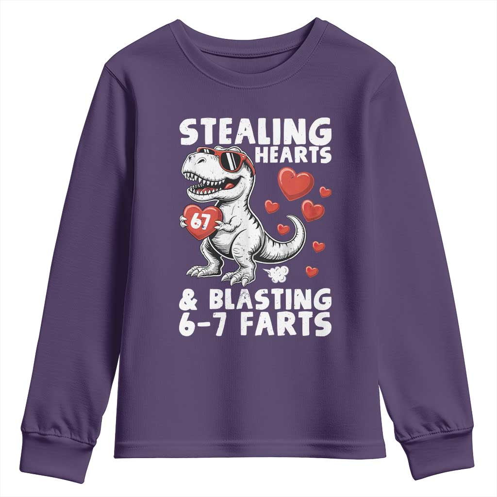 Funny 67 Meme Valentines Day Dinosaur Youth Sweatshirt Stealing Hearts And Blasting 67 Farts