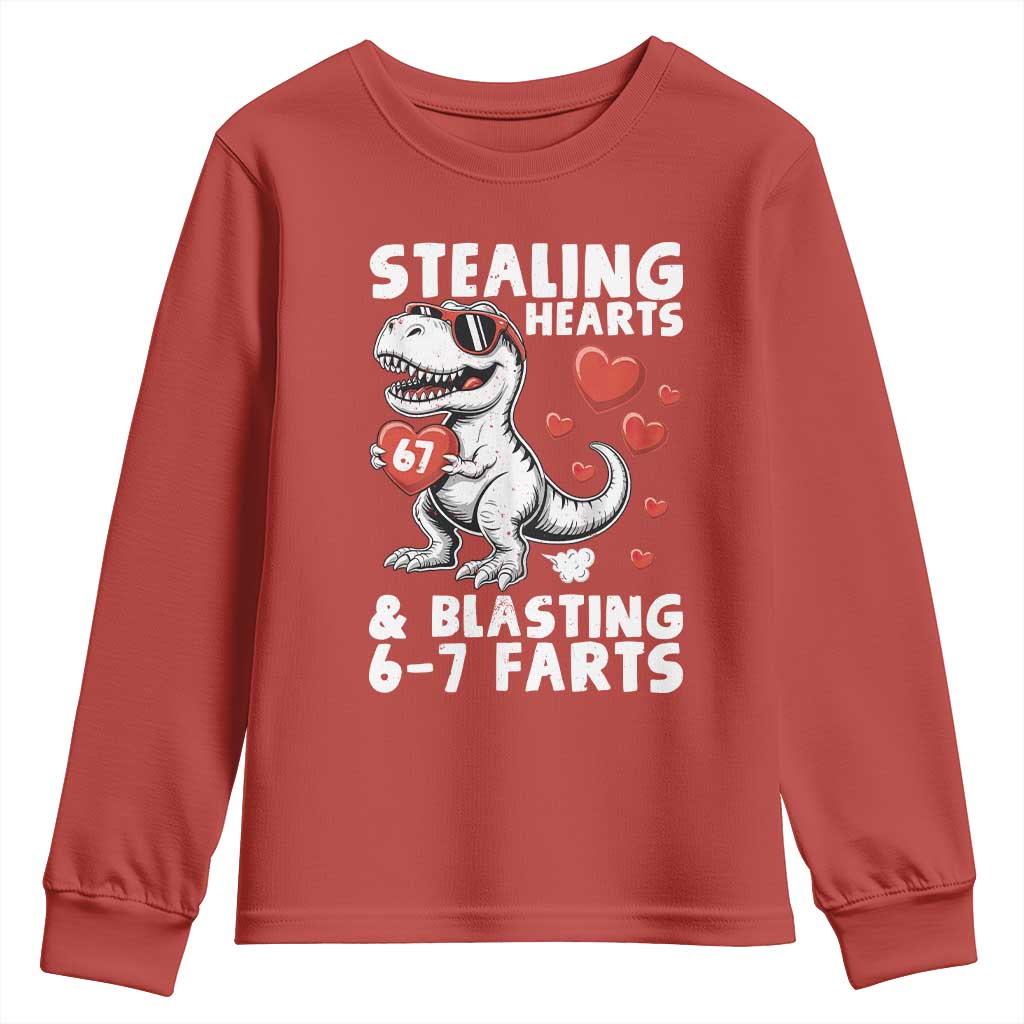 Funny 67 Meme Valentines Day Dinosaur Youth Sweatshirt Stealing Hearts And Blasting 67 Farts