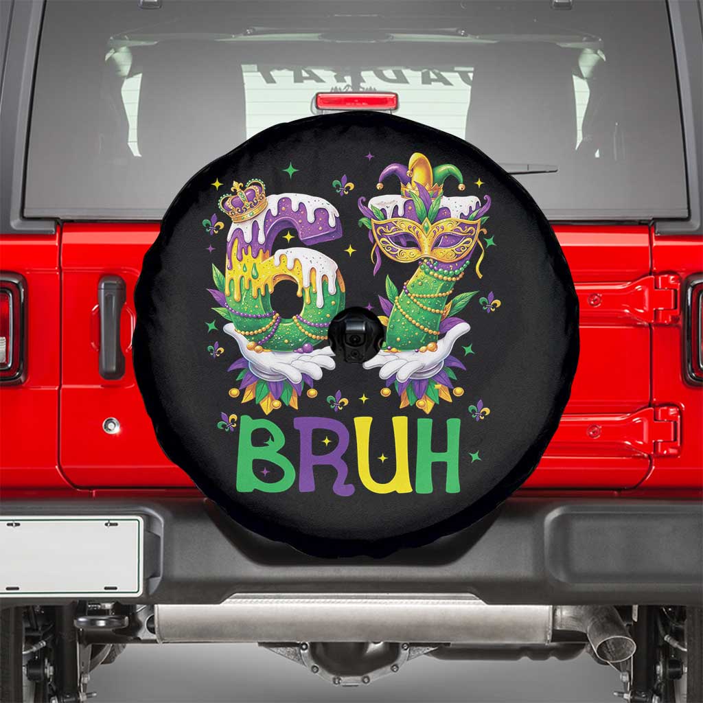 Funny 67 Mardi Gras Bruh Spare Tire Cover Six Seven Meme Fleur De Lis Hand Gesture