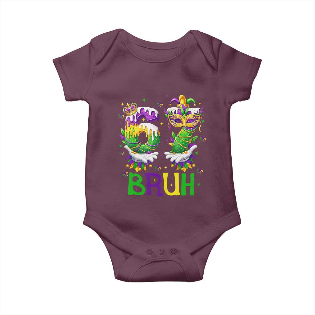 Funny 67 Mardi Gras Bruh Baby Onesie Six Seven Meme Fleur De Lis Hand Gesture