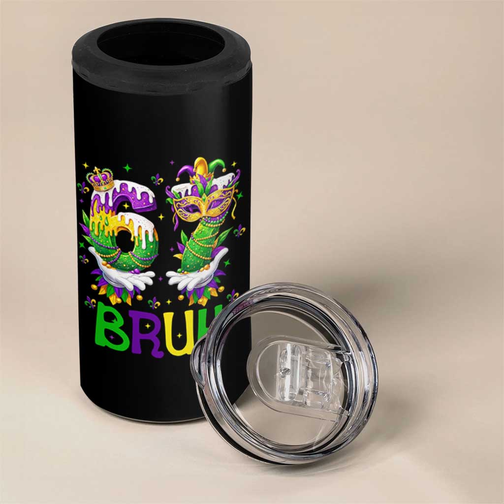 Funny 67 Mardi Gras Bruh 4 in 1 Can Cooler Tumbler Six Seven Meme Fleur De Lis Hand Gesture