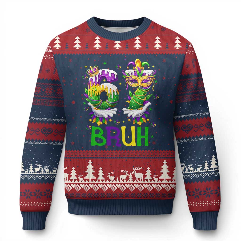 Funny 67 Mardi Gras Bruh Ugly Christmas Sweater Six Seven Meme Fleur De Lis Hand Gesture