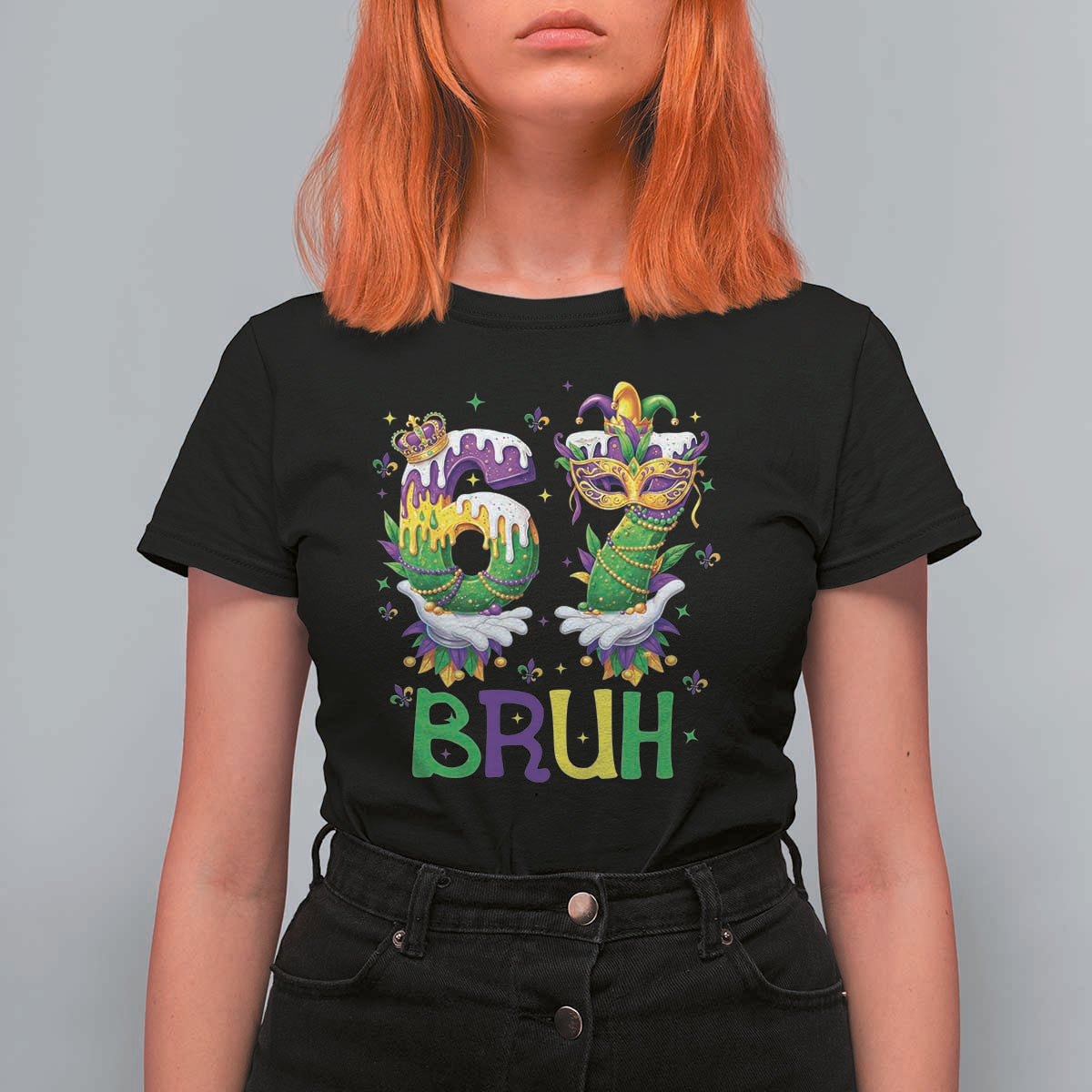 Funny 67 Mardi Gras Bruh T Shirt For Women Six Seven Meme Fleur De Lis Hand Gesture