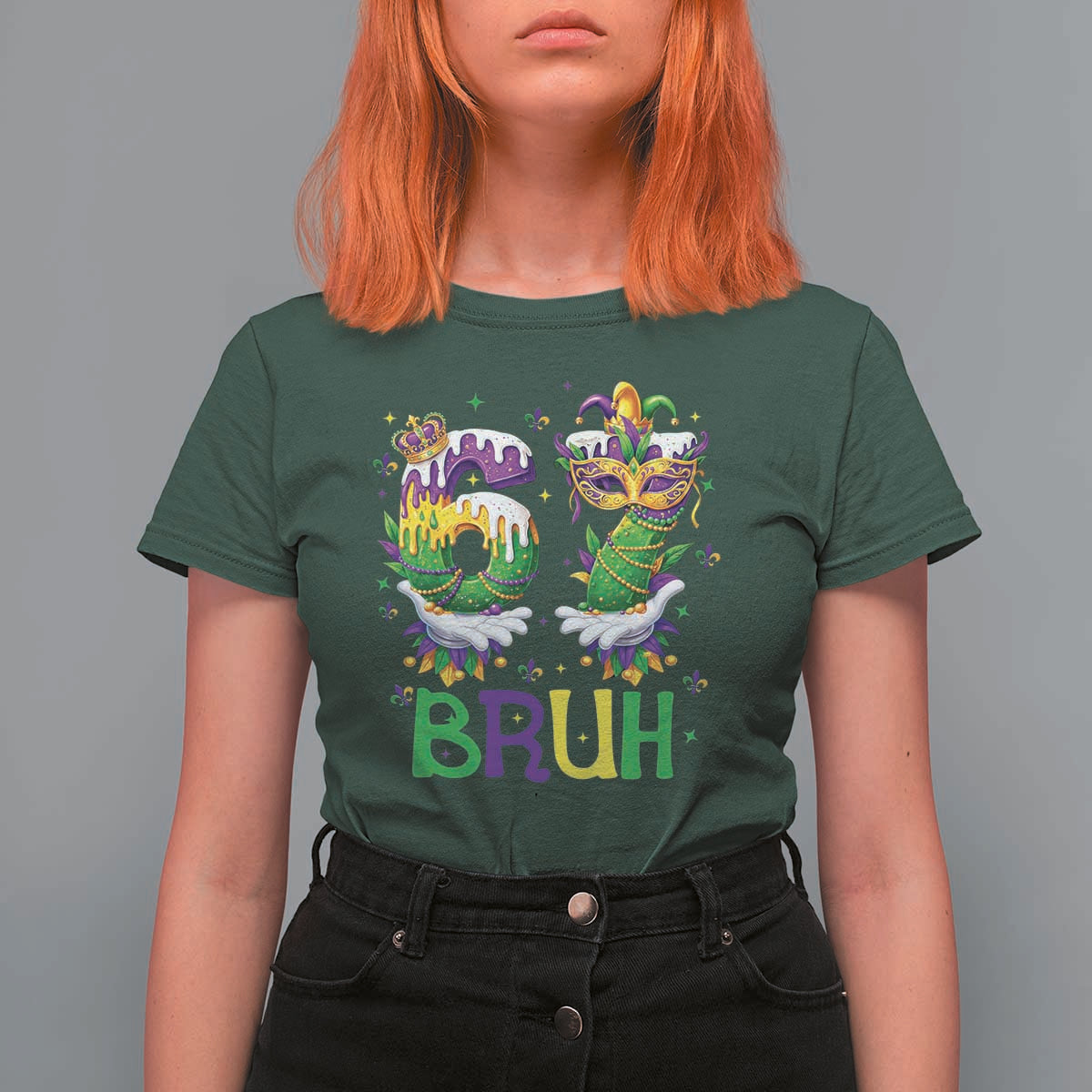 Funny 67 Mardi Gras Bruh T Shirt For Women Six Seven Meme Fleur De Lis Hand Gesture