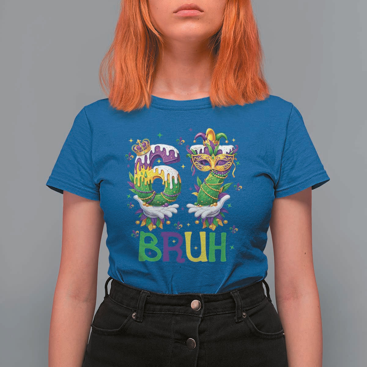 Funny 67 Mardi Gras Bruh T Shirt For Women Six Seven Meme Fleur De Lis Hand Gesture