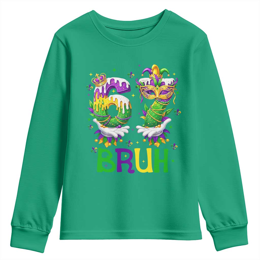 Funny 67 Mardi Gras Bruh Youth Sweatshirt Six Seven Meme Fleur De Lis Hand Gesture