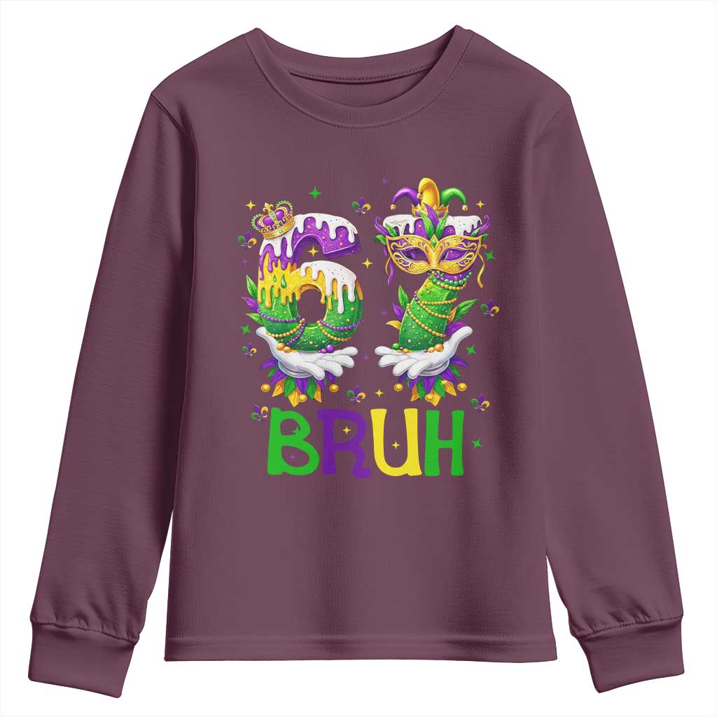 Funny 67 Mardi Gras Bruh Youth Sweatshirt Six Seven Meme Fleur De Lis Hand Gesture