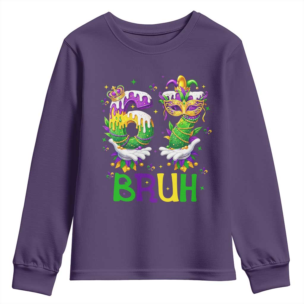 Funny 67 Mardi Gras Bruh Youth Sweatshirt Six Seven Meme Fleur De Lis Hand Gesture