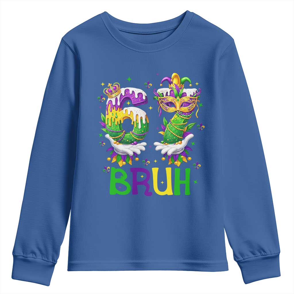 Funny 67 Mardi Gras Bruh Youth Sweatshirt Six Seven Meme Fleur De Lis Hand Gesture