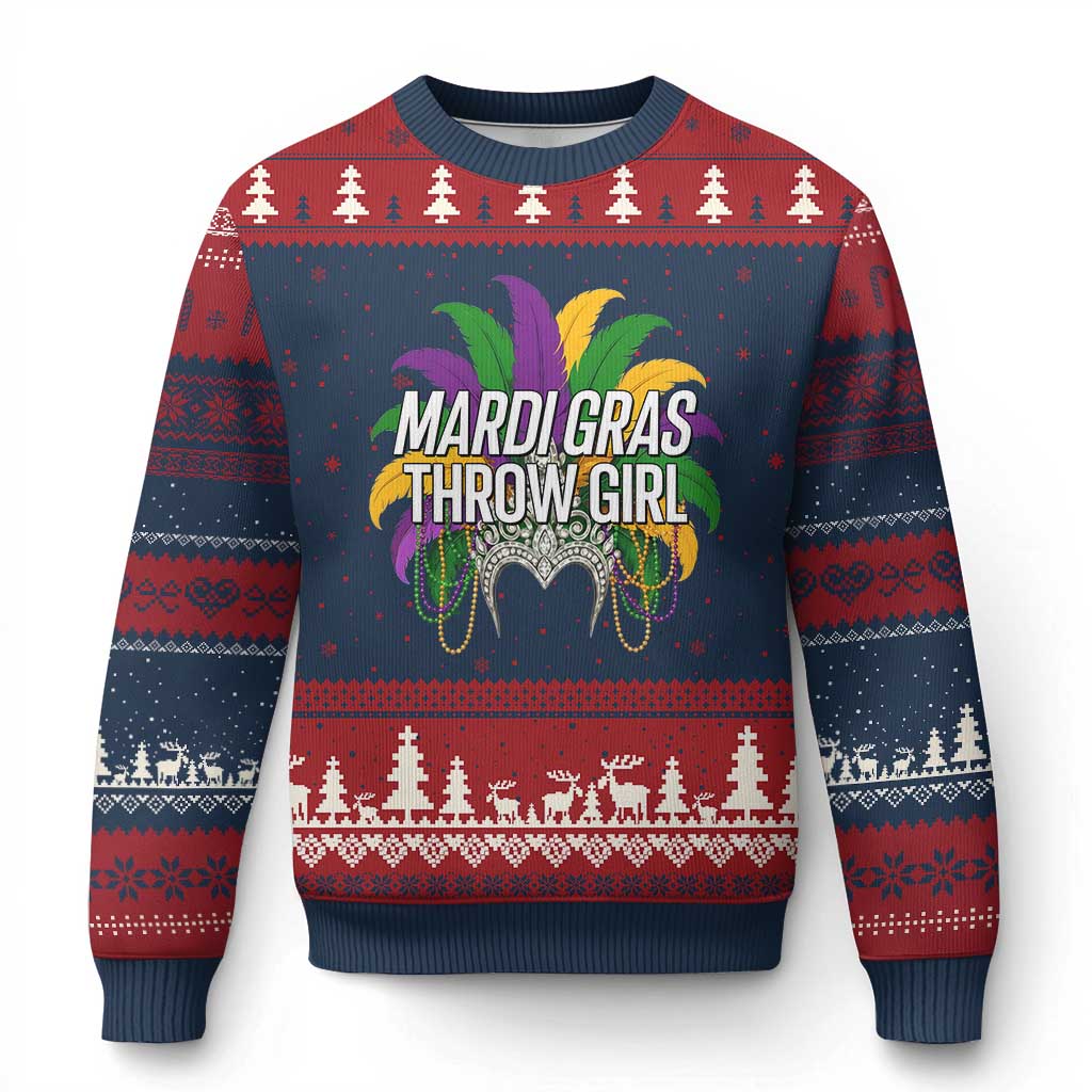 Mardi Gras Throw Girl Ugly Christmas Sweater Funny New Orleans Carnival Headdress Beads
