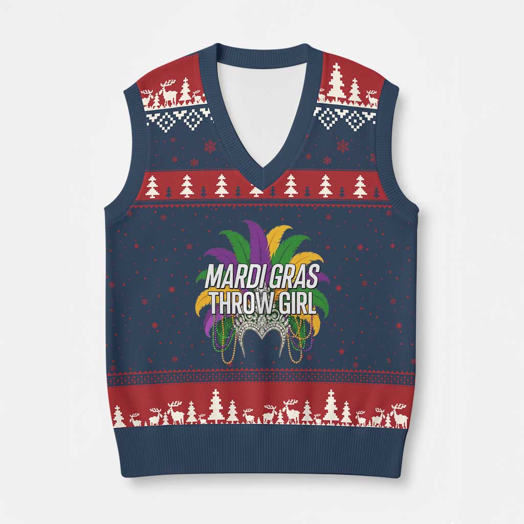 Mardi Gras Throw Girl V-Neck Knit Sweater Vest Funny New Orleans Carnival Headdress Beads