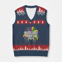 Mardi Gras Throw Girl V-Neck Knit Sweater Vest Funny New Orleans Carnival Headdress Beads