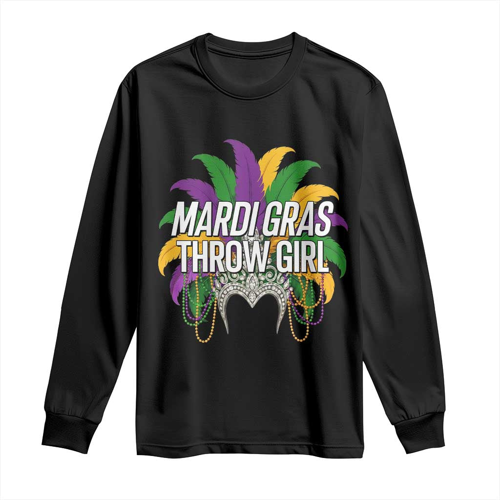 Mardi Gras Throw Girl Long Sleeve Shirt Funny New Orleans Carnival Headdress Beads