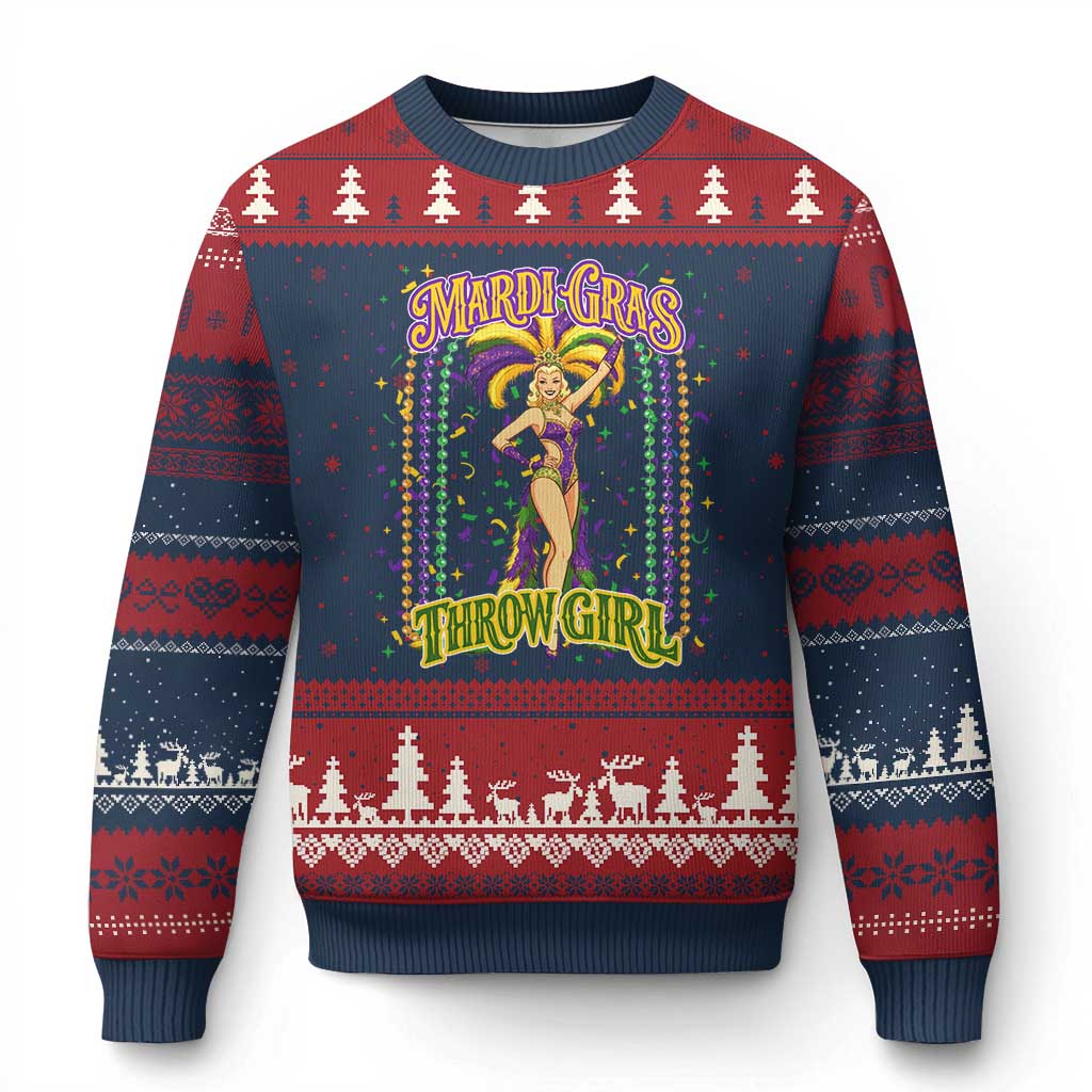 Funny Mardi Gras Throw Girl Ugly Christmas Sweater New Orleans Carnival Beads