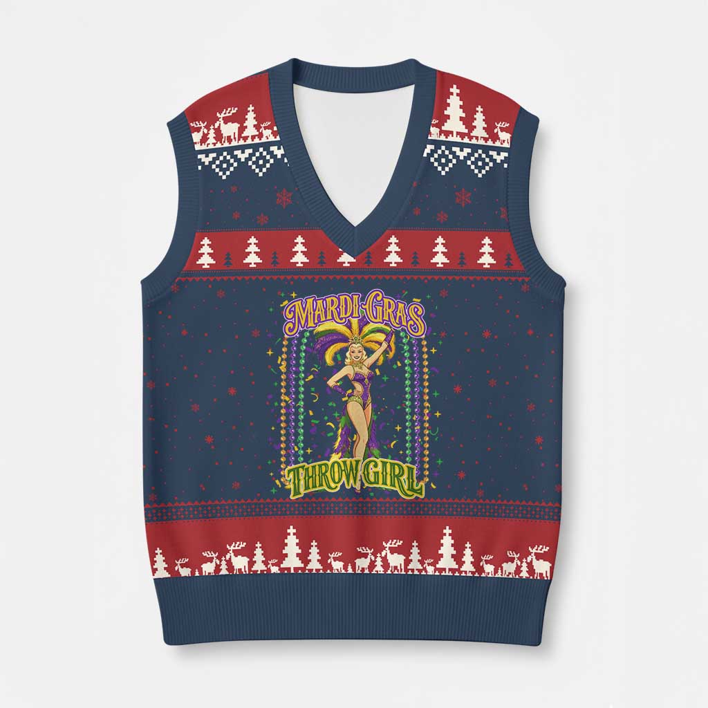Funny Mardi Gras Throw Girl V-Neck Knit Sweater Vest New Orleans Carnival Beads