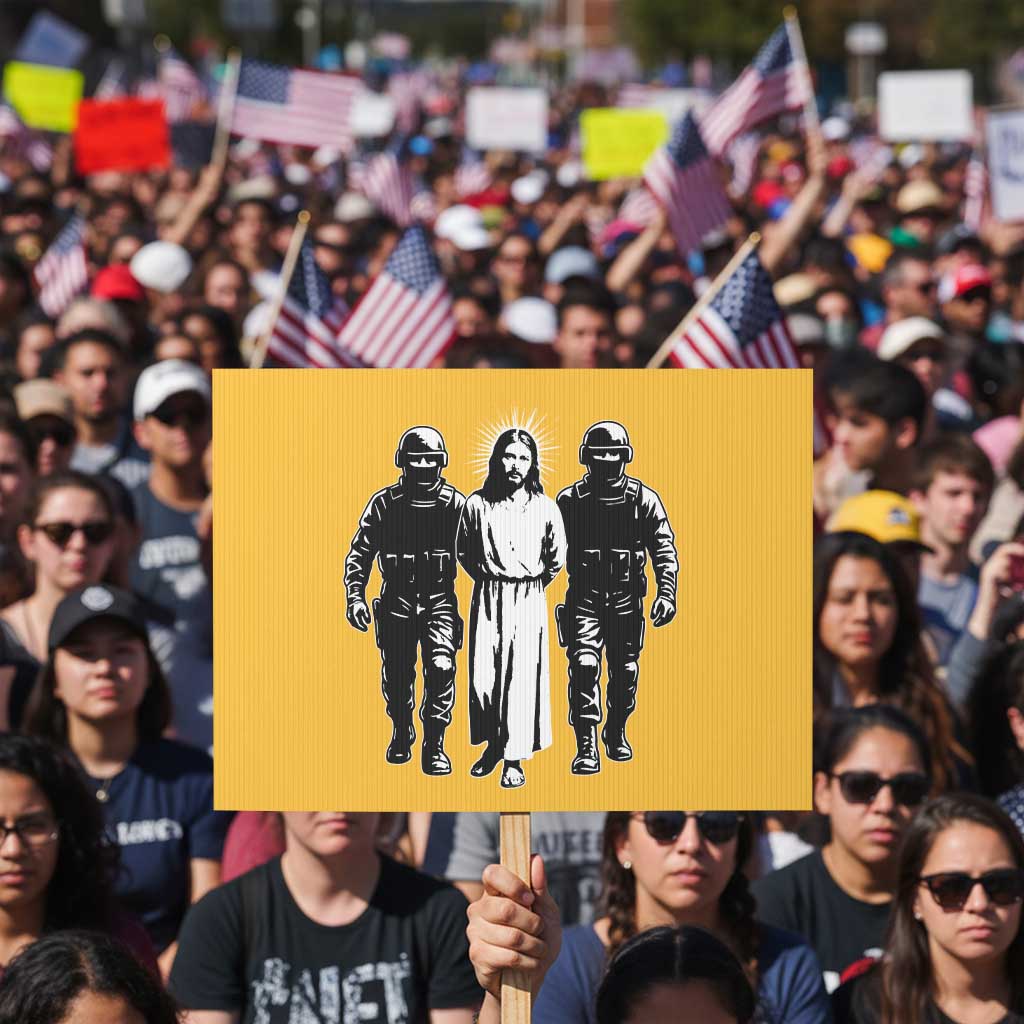 Jesus Arrested Parody Protest Sign Funny Immigrant Rights Political Protest