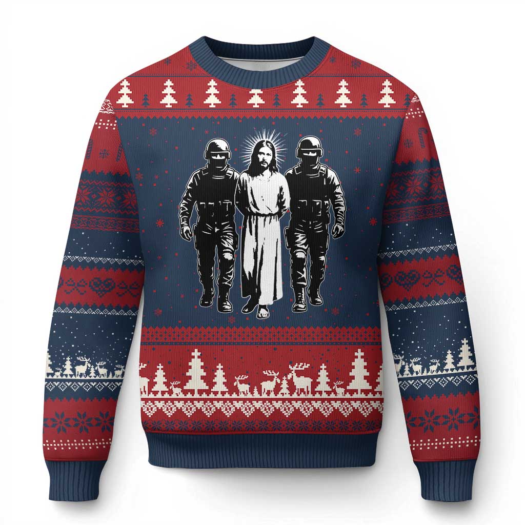 Jesus Arrested Parody Ugly Christmas Sweater Funny Immigrant Rights Political Protest