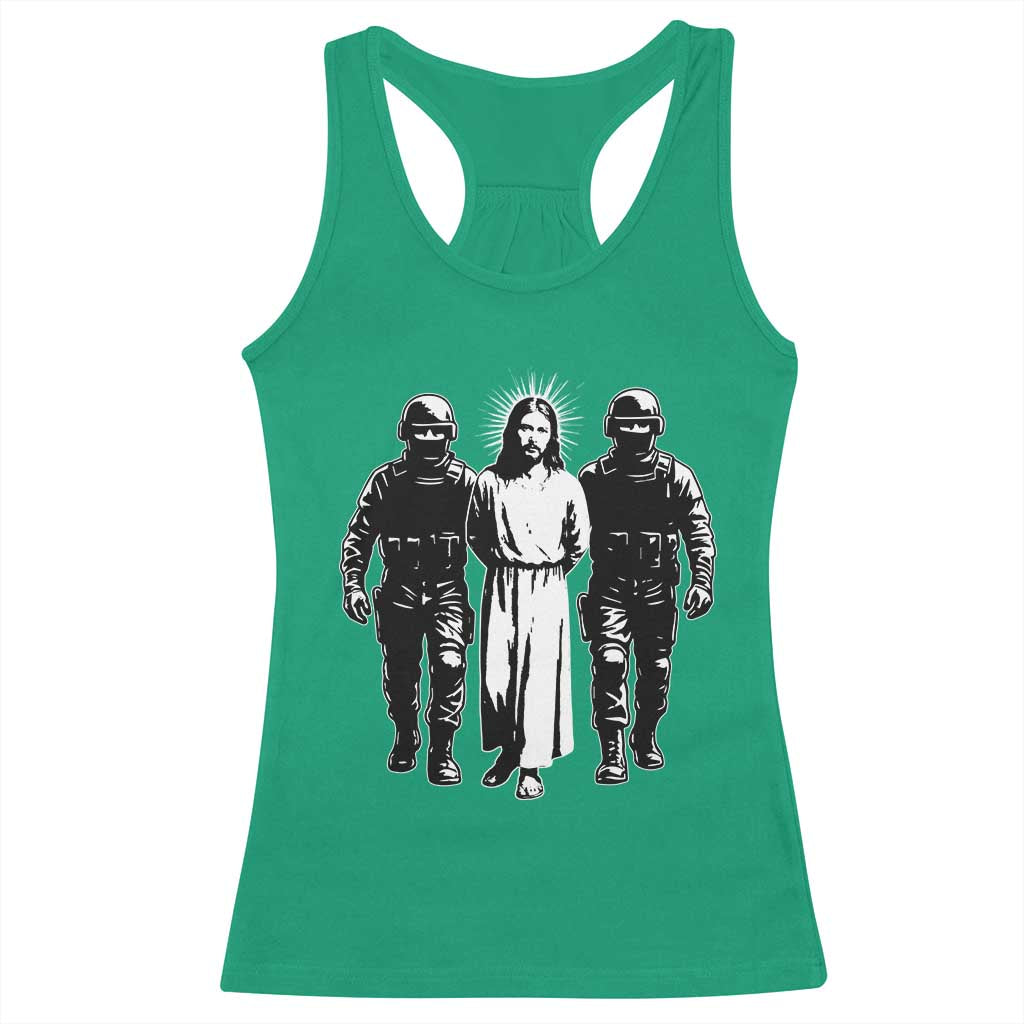 Jesus Arrested Parody Racerback Tank Top Funny Immigrant Rights Political Protest