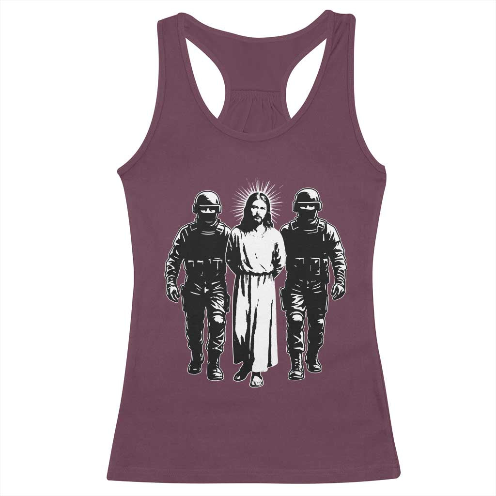 Jesus Arrested Parody Racerback Tank Top Funny Immigrant Rights Political Protest