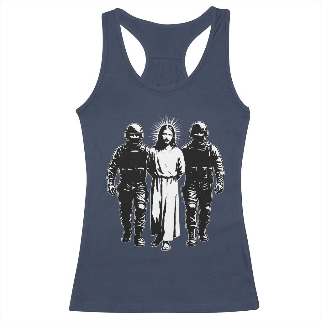 Jesus Arrested Parody Racerback Tank Top Funny Immigrant Rights Political Protest