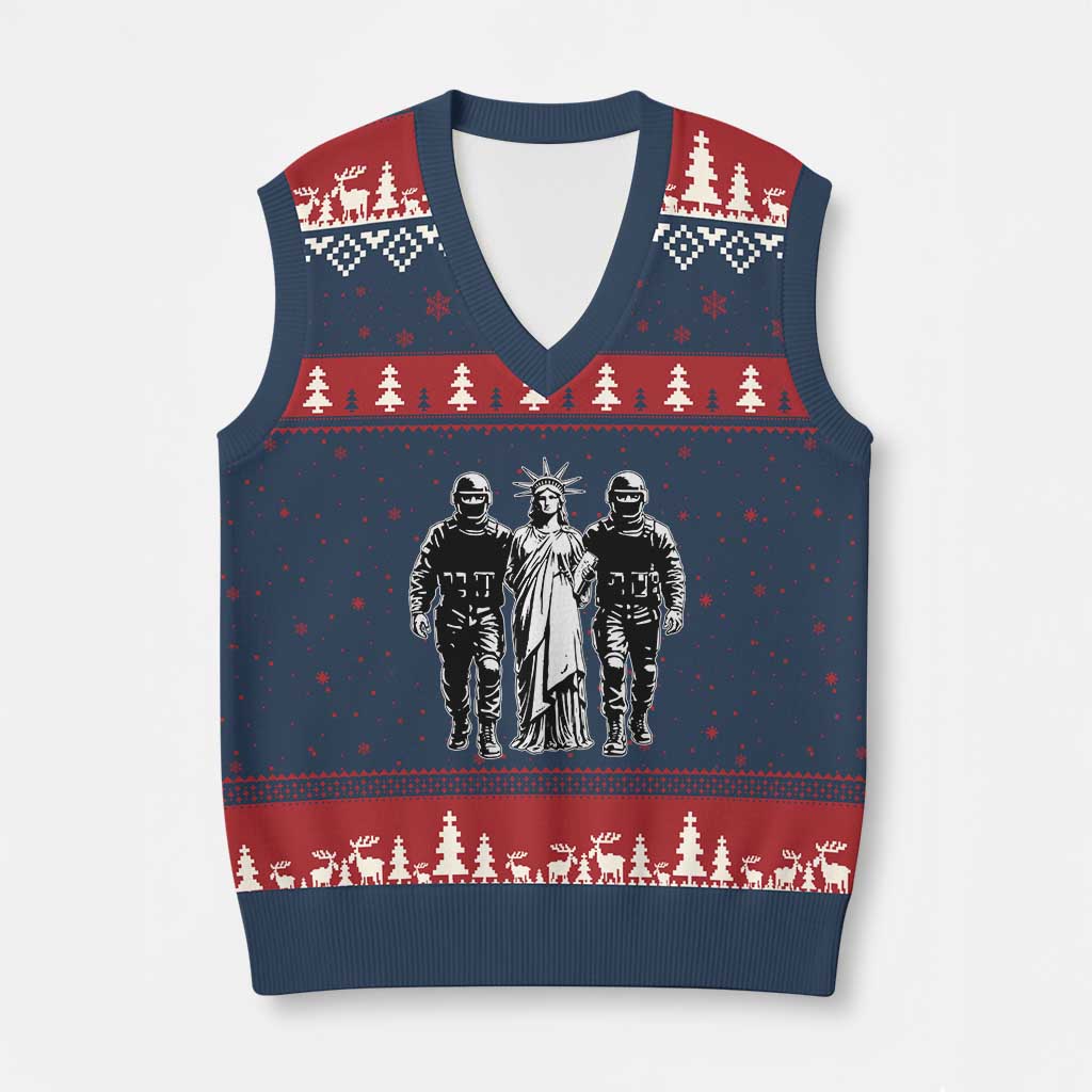 Statue Of Liberty Arrested V-Neck Knit Sweater Vest Funny Immigrant Rights Political Protest