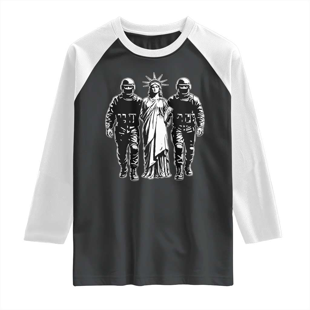 Statue Of Liberty Arrested Raglan Shirt Funny Immigrant Rights Political Protest