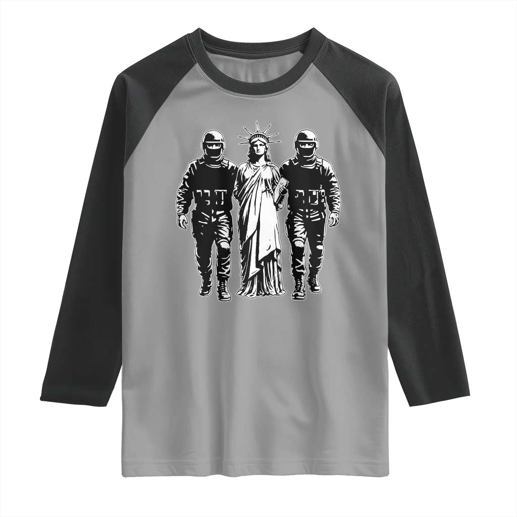 Statue Of Liberty Arrested Raglan Shirt Funny Immigrant Rights Political Protest