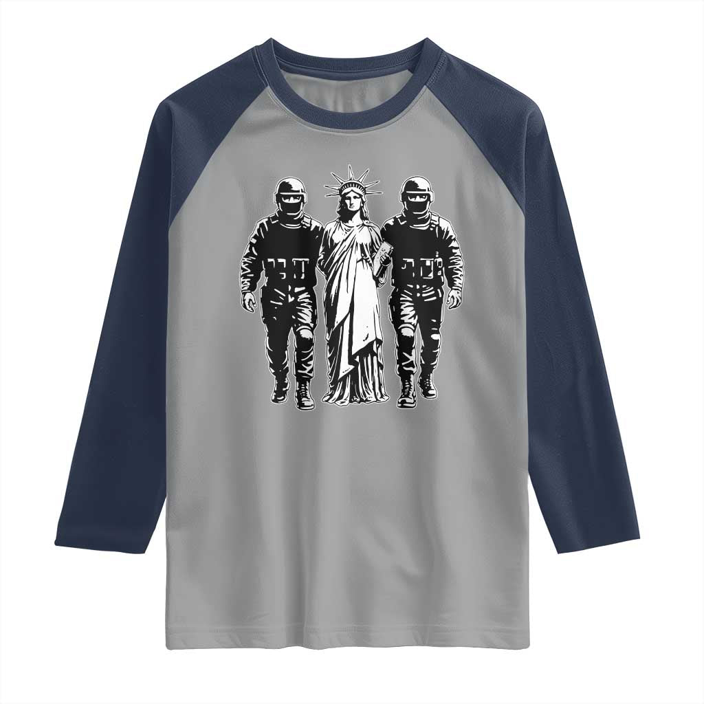 Statue Of Liberty Arrested Raglan Shirt Funny Immigrant Rights Political Protest