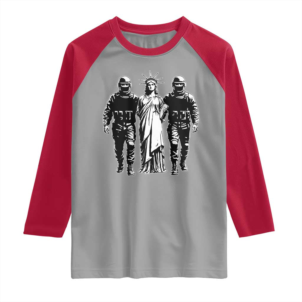 Statue Of Liberty Arrested Raglan Shirt Funny Immigrant Rights Political Protest