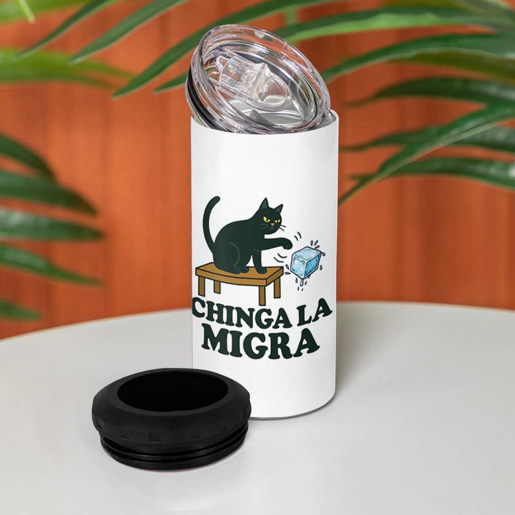 Chinga La Migra 4 in 1 Can Cooler Tumbler Funny Immigration Rights Cat Political