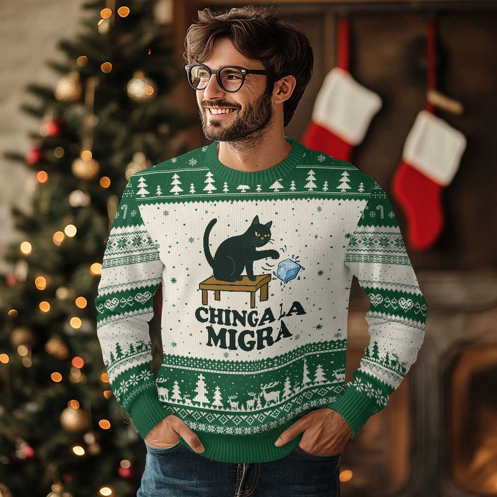 Chinga La Migra Ugly Christmas Sweater Funny Immigration Rights Cat Political
