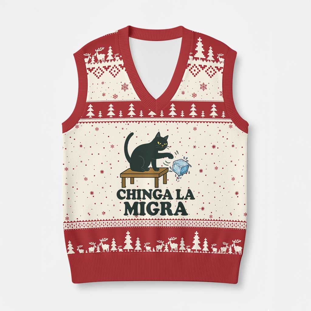 Chinga La Migra V-Neck Knit Sweater Vest Funny Immigration Rights Cat Political