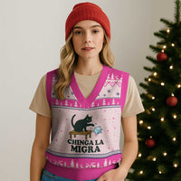 Chinga La Migra V-Neck Knit Sweater Vest Funny Immigration Rights Cat Political