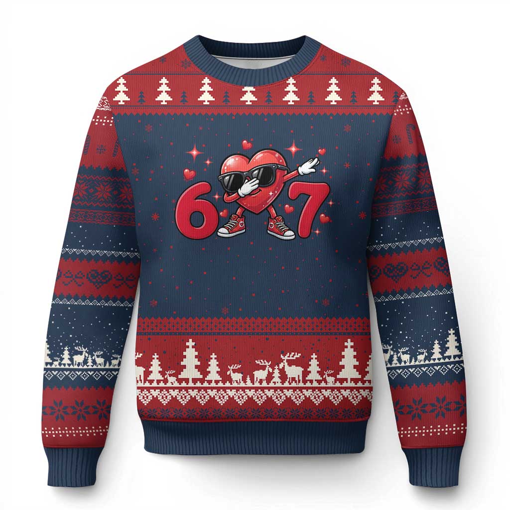 Funny Six Seven 67 Valentines Dabbing Heart Ugly Christmas Sweater