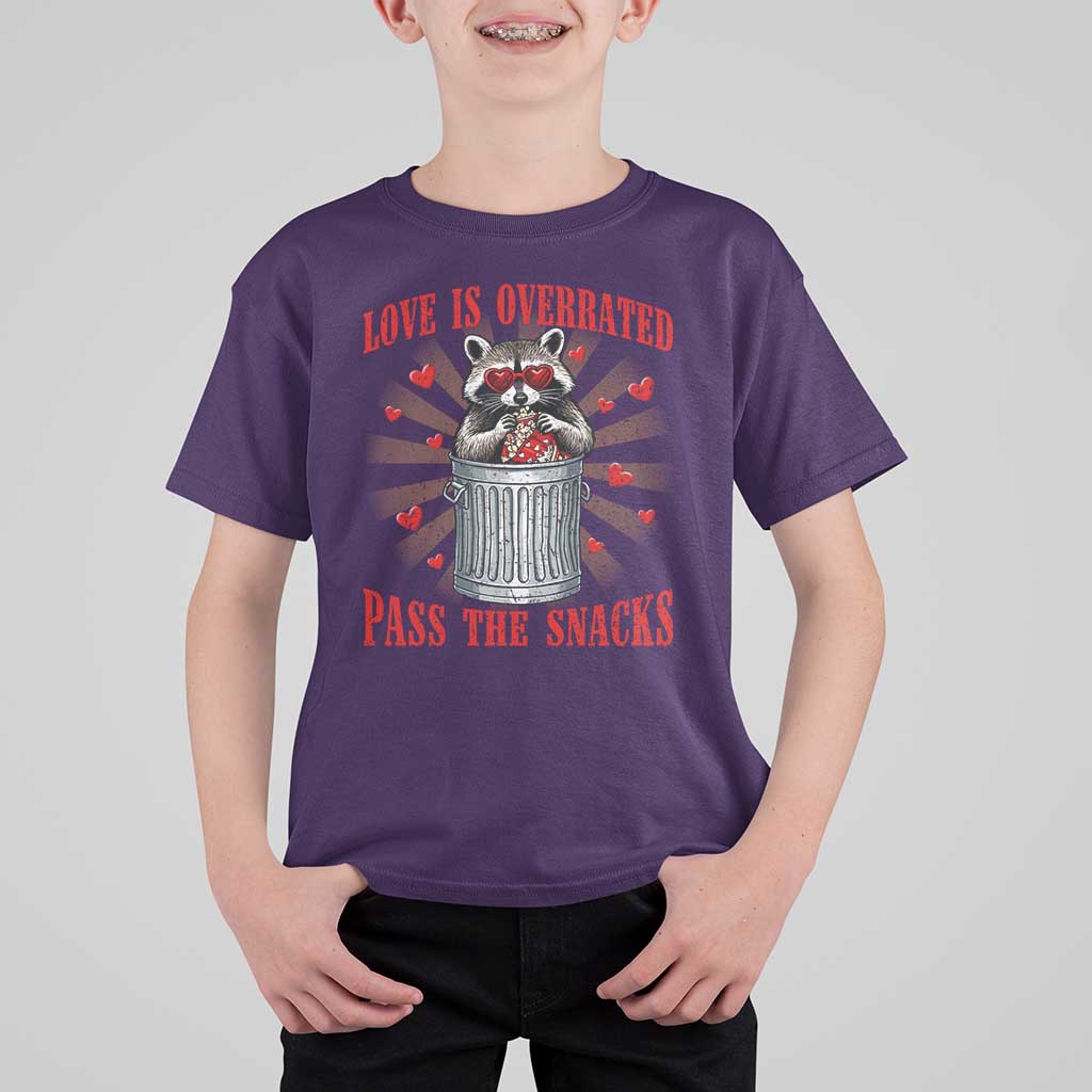 Funny Raccoon Valentine T Shirt For Kid Love Is Overrated Pass The Snacks