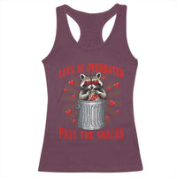 Funny Raccoon Valentine Racerback Tank Top Love Is Overrated Pass The Snacks