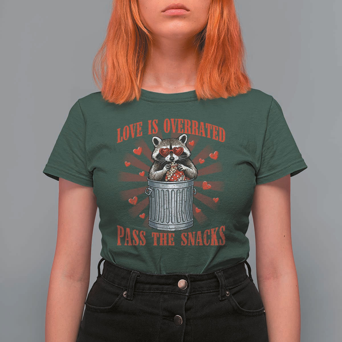 Funny Raccoon Valentine T Shirt For Women Love Is Overrated Pass The Snacks