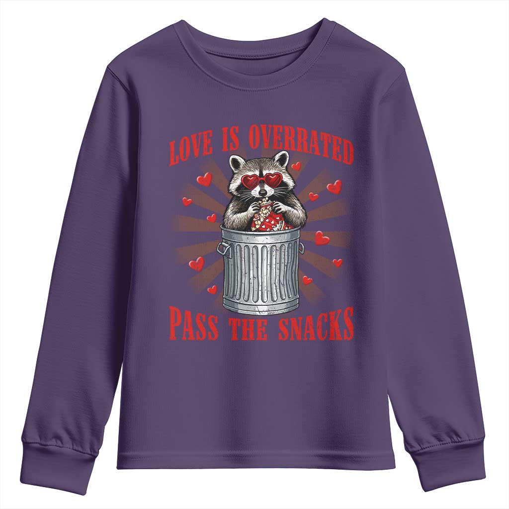 Funny Raccoon Valentine Youth Sweatshirt Love Is Overrated Pass The Snacks