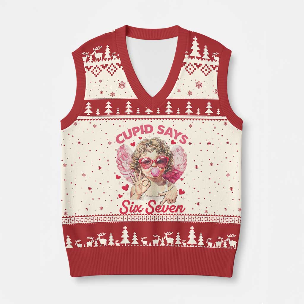 Funny 67 Valentines Day V-Neck Knit Sweater Vest Cupid Say Six Seven 67 Meme