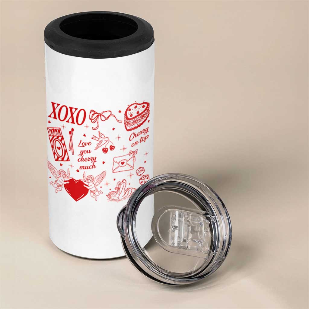 Xoxo Valentines Day 4 in 1 Can Cooler Tumbler Love You Cherry Much Vintage Coquette